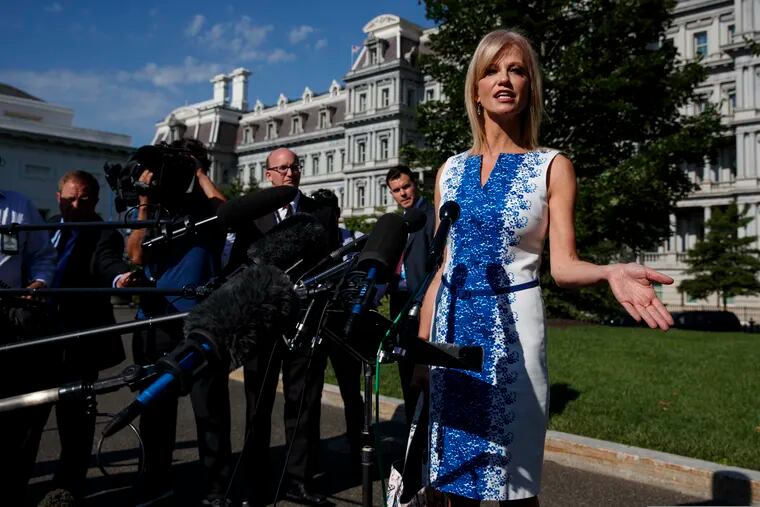 White House counselor Kellyanne Conway talks to reporters outside the White House, Monday, June 24, 2019, in Washington.
