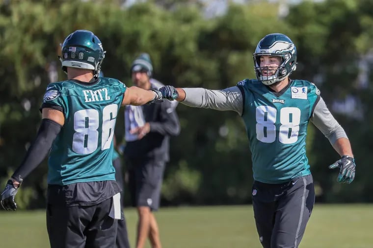 The Eagles are expected to use a lot of 12-personnel again Sunday, which could mean plenty of pass-catching opportunities for tight ends Zach Ertz (left) and Dallas Goedert.