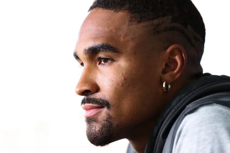 Eagles quarterback Jalen Hurts speaks to reporters before practice at the NovaCare Complex in South Philadelphia on Wednesday, Sept. 29, 2021. The Eagles will face the Kansas City Chiefs at home on Sunday in Philadelphia.