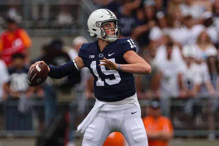 STATE COLLEGE, PA - SEPTEMBER 10: Drew Allar #15 of the Penn State Nittany Lions against the Penn State Nittany Lions against the Ohio Bobcats during the second half at Beaver Stadium on September 10, 2022 in State College, Pennsylvania. (Photo by Scott Taetsch/Getty Images)