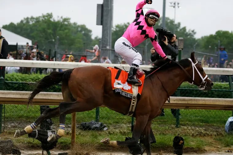 Jockey Luis Saez prematurely celebrates Maximum Security's win in the Kentucky Derby. Saez will get another chance to show he has the best 3-year-old at Saturday's $1 million Haskell Invitational at Monmouth Park.