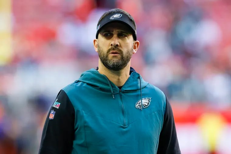 Eagles Head Coach Nick Sirianni during warm ups before the Eagles played the Kansas City Chiefs in Super Bowl LVII at State Farm Stadium on Sunday, February 12, 2023 in Glendale, Ariz.