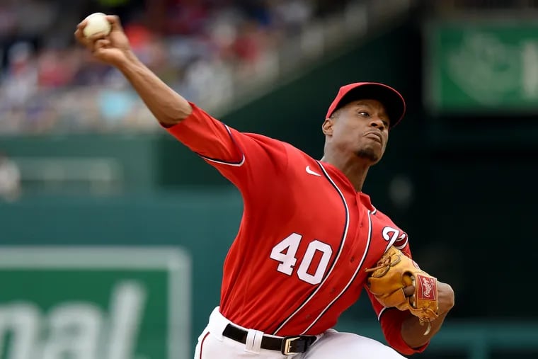 WASHINGTON, DC - JULY 31: Josiah Gray #40 of the Washington Nationals pitches in the third inning against the St. Louis Cardinals at Nationals Park on July 31, 2022 in Washington, DC. (Photo by Greg Fiume/Getty Images)