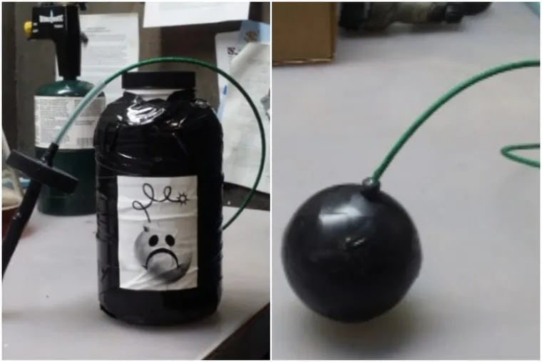 These photos depict homemade bombs that investigators believe were created by David Surman, Jr., a suspect in a series of explosions in Upper Bucks County.  Anyone who believes they may have found such a device is advised to call 911.