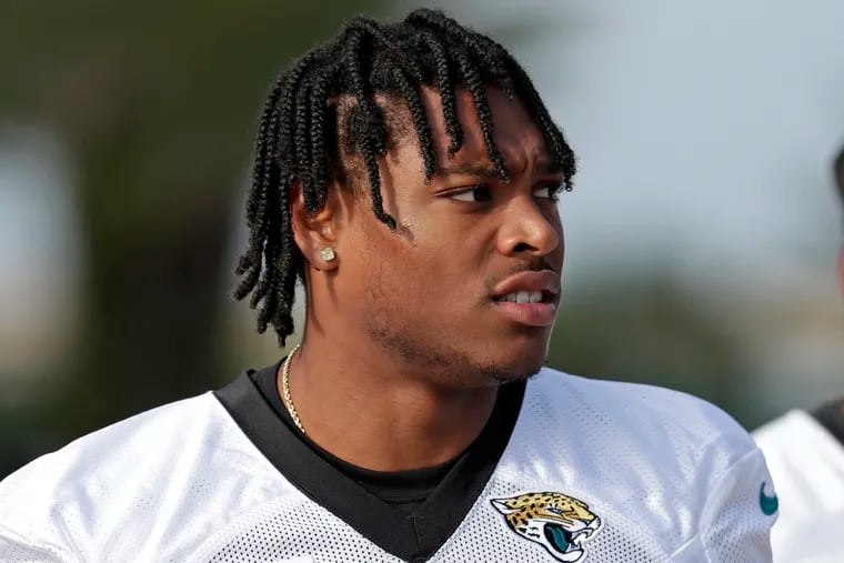FILE - In this June 11, 2019, file photo, Jacksonville Jaguars cornerback Jalen Ramsey walks to the field for an NFL football practice in Jacksonville, Fla. Ramsey is expected to return to practice two days after seeing a back specialist.  The Jaguars host New Orleans on Sunday, Oct. 13.  (AP Photo/John Raoux, File)