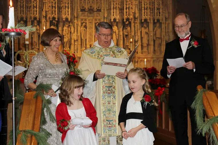 Linda Thompson and Rowland Bennett, with the bride’s daughter Gwyneth Thompson; the Rev. E. Edward Shiley; and the bride's granddaughter Trinity Thompson and great granddaughter Samantha Monahan. (ELAINE BRADY)