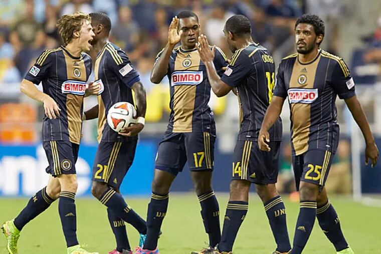 Philadelphia Union Brian Brown (17) celebrates with teammates after scoring a goal in the second half at Sporting Parkthe game finished with in a 1-1 draw. (Gary Rohman/Sporting KC-USA TODAY)