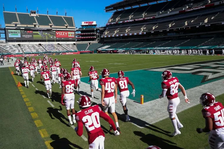 The Temple football team taking the field for its first home game of the season against USF at Lincoln Financial Field on Oct. 17, 2020. Temple won, 39-37.