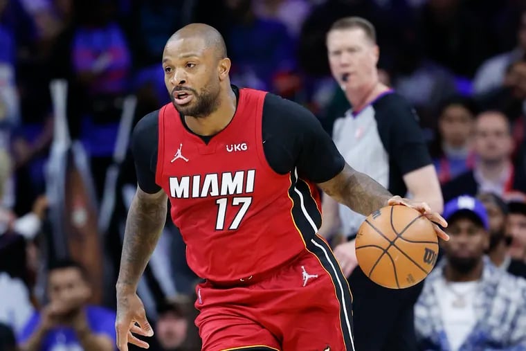 Miami Heat forward P.J. Tucker dribbles the basketball against the Sixers in game three of the second-round Eastern Conference playoffs on Friday, May 6, 2022 in Philadelphia.