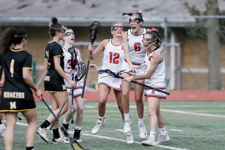 Haddonfield's Gabi Connor celebrates her 2nd half goal that tied the game at 6 during the Moorestown at Haddonfield H.S. girls lacrosse match on April 13, 2019.