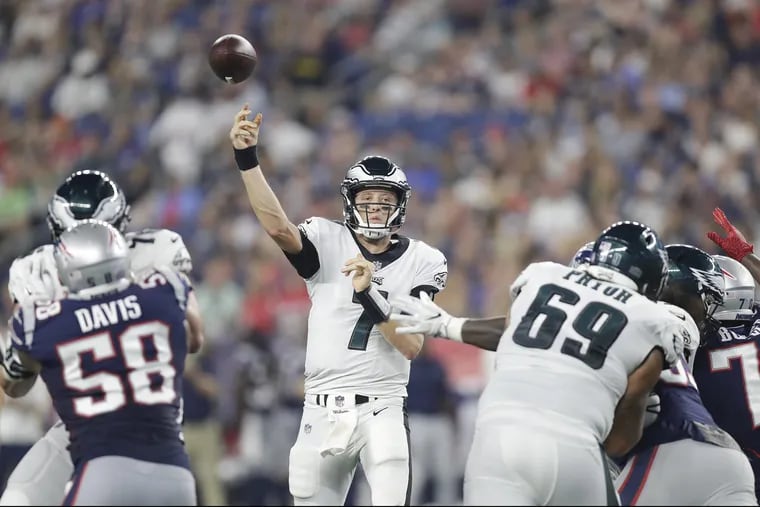 Eagles quarterback Nate Sudfeld throws the football during a preseason game against the New England Patriots at Gillette Stadium in Foxborough, MA on Thursday, August 16, 2018. YONG KIM / Staff Photographer