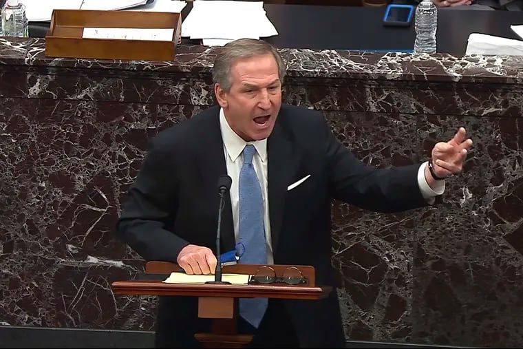 Philadelphia attorney Michael van der Veen, a lawyer for former President Donald Trump, speaks during the impeachment trial Saturday on the Senate floor in Washington.