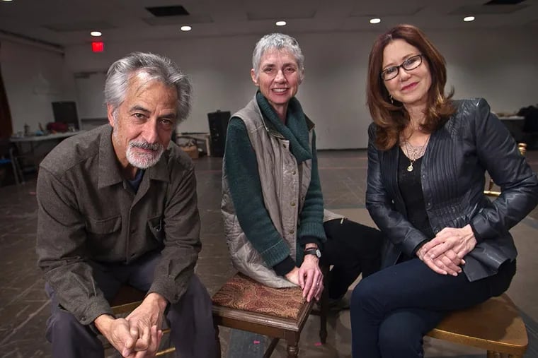 Actors David Strathairn, Mary McDonnell and director of the production, The Cherry Orchard, Abigail Adams in rehearsal room at People's Light & Theatre.