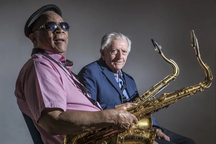 Local legend tenormen Bootsie Barnes (left) and Larry McKenna. To celebrate their 80th birthdays, they’ll be sharing the stage for a night at Chris’ Jazz Café, with fellow institution John Swana.