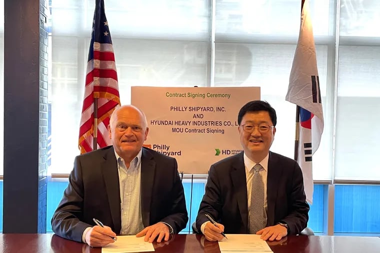 Steinar Nerbovik, president and chief executive of Philly Shipyard Inc. since 2014, and Won ho Joo, chief executive of the naval and special ship business unit of HD Hyundai Heavy Industries Co., signed an agreement to explore joint U.S. government shipbuilding and maintenance contracts on April 12.