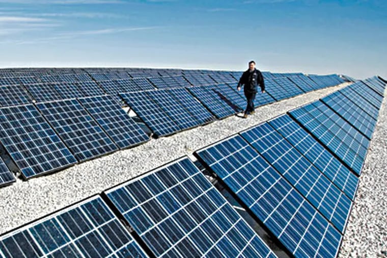 John P. Tinelli, plant operations manager at Pennsauken&#0039;s landfill, walks amid 13,000 solar panels that produce electricity. (MICHAEL S. WIRTZ / Inquirer Staff Photographer)