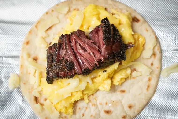 Hi-Lo Taco's signature burnt-ends breakfast tacos, in Philadelphia, Thursday, March 7, 2024.
