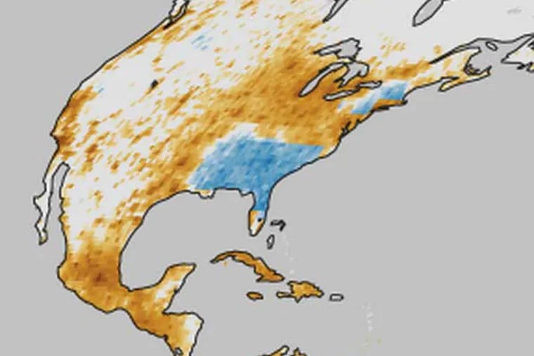 NASA map of North America showing premature deaths due to air pollution. Dark brown areas have more deaths than light brown regions; blue areas have seen a decline in deaths.