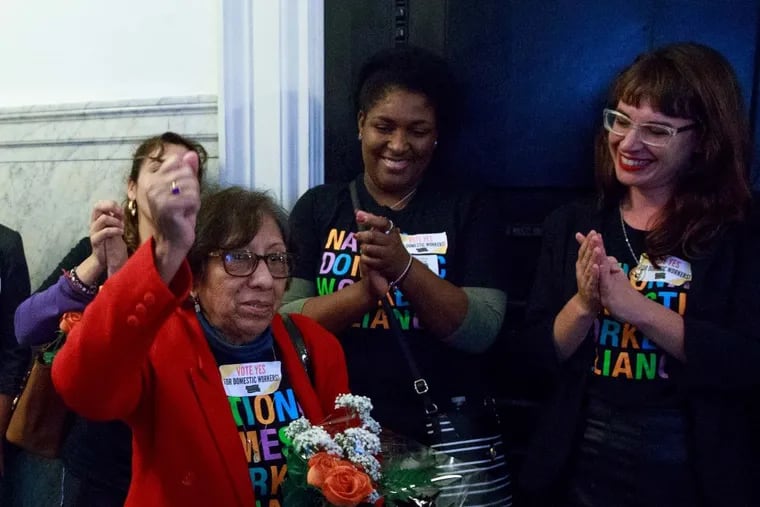 Mercedes Reyes with other members of the National Domestic Workers Alliance-PA celebrating Philadelphia's Domestic Workers Bill of Rights, which City Council passed in October 2019.