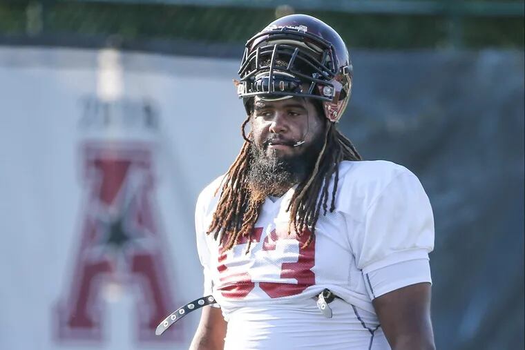 Temple football, offensive line Leon Johnson during practice in August.
