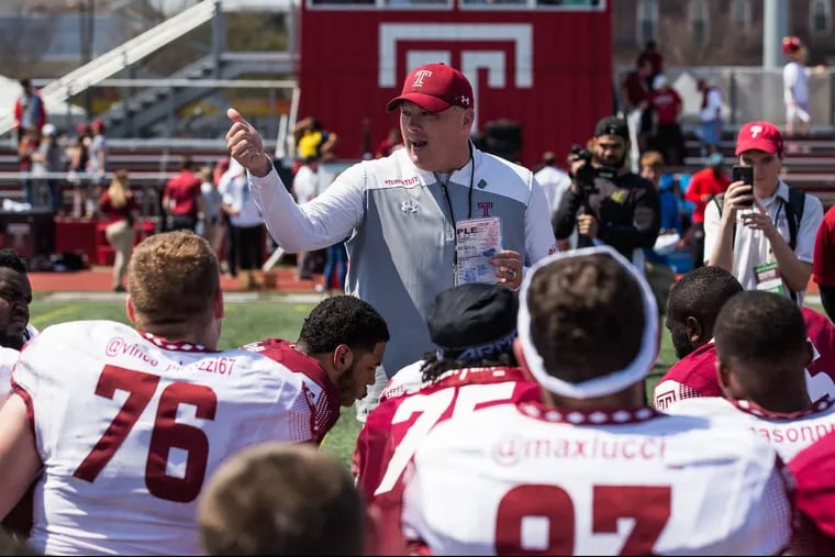 Temple football head coach Geoff Collins speaks with his players on the field after Temple's Cherry and White spring football game at the Temple Sports Complex on Saturday, April 14, 2018. SYDNEY SCHAEFER / Staff Photographer