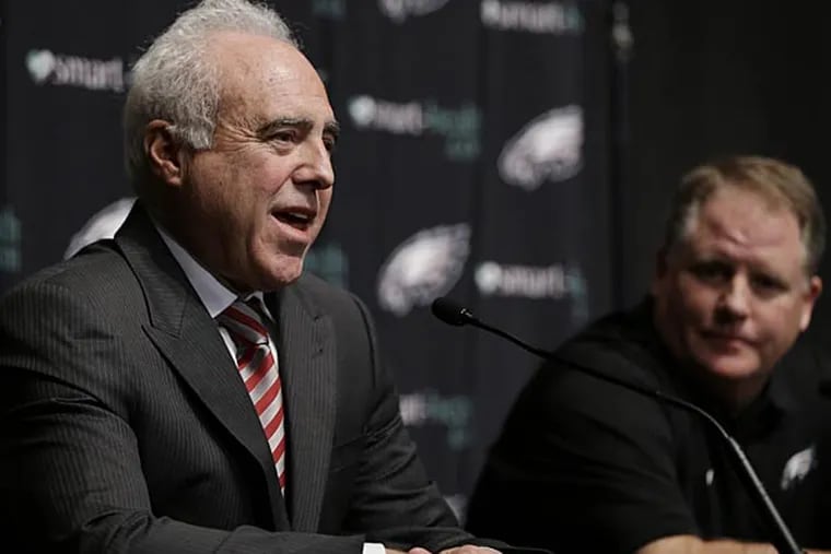 Philadelphia Eagles owner Jeffrey Lurie, left, introduces  Eagles head
coach Chip Kelly, right, during a press conference at the team's NFL
football training facility, Thursday, Jan. 17, 2013, in Philadelphia. 
(AP Photo/Matt Rourke)