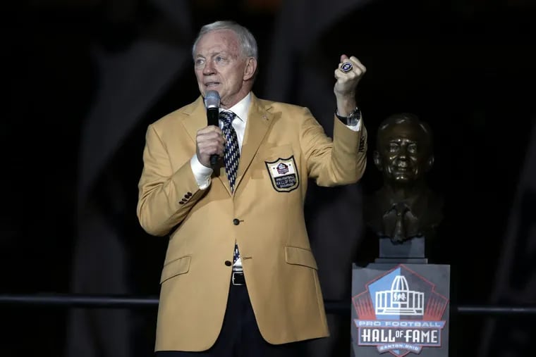 Dallas Cowboys owner Jerry Jones makes comments after being presented with his Hall of Fame ring during the halftime ceremony of Sunday night’s game against the Eagles.