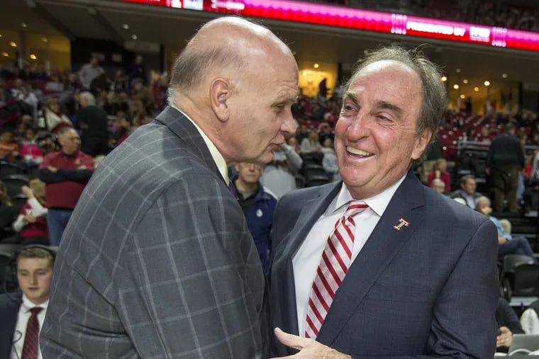 Head Coaches, Phil Martelli, left, of St. Joseph's and Fran Dunphy of Temple share a laugh before the game at the Liacouras Center on Dec. 9, 2017. CHARLES FOX / Staff Photographer