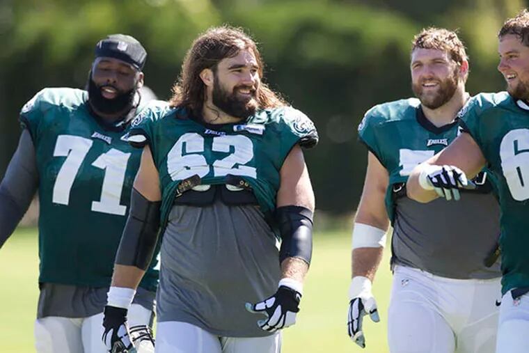 Eagles offensive linemen, from left, Jason Peters, Jason Kelce, and Matt Tobin after practice on Sept. 23, 2015.
