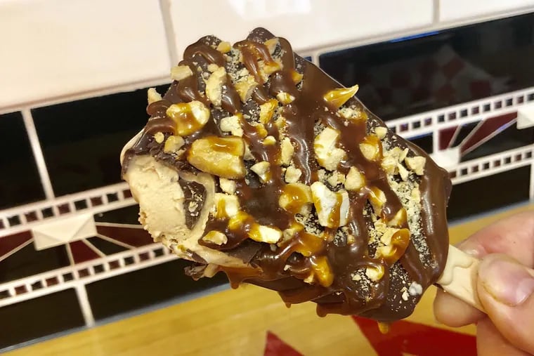 Keystone ice cream bars come in a variety of flavors that get dipped in house-made chocolate then custom-dressed with toppings. This dark chocolate-dipped coffee ice cream bar was adorned with cashew, caramel and Cape May sea salt.