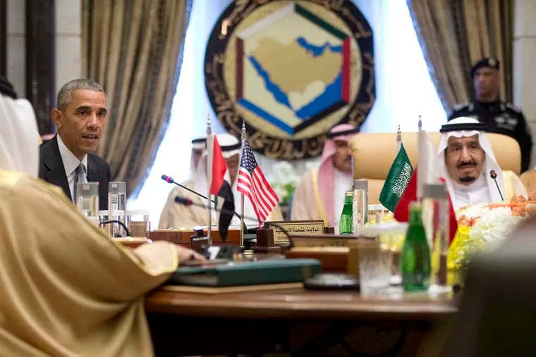 President Obama with Saudi Arabia's King Salman (right). The Obama and Bush administrations have impeded litigation by U.S. plaintiffs as the Saudi kingdom complained that the suit alleging Saudi responsibility for the 9/11 attacks was damaging relations with the U.S.