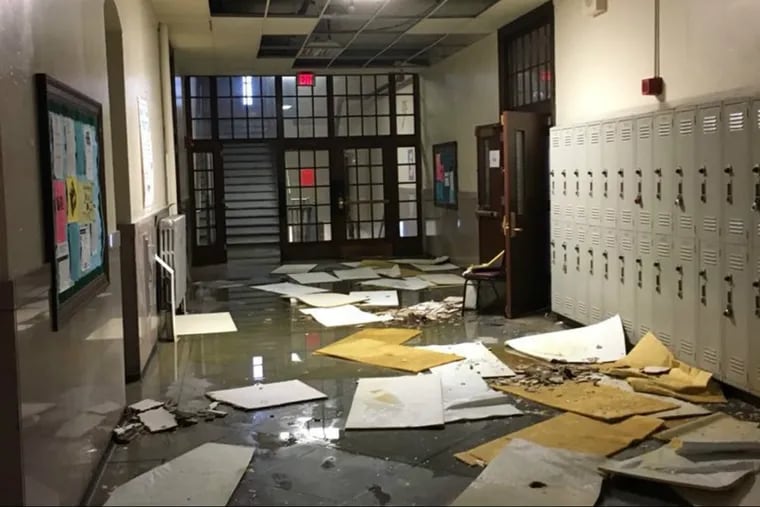 A fifth floor hallway at Academy at Palumbo, where drainage problems and heavy rains led to major flooding and a controlled collapse of the cafeteria ceiling.