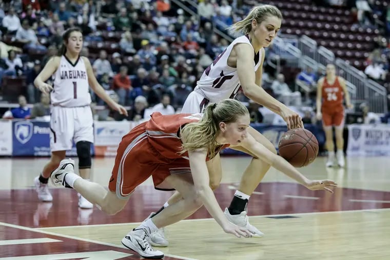 Garnet Valley's Brianne Borcky drives past a diving Makenna Marisa of Peters Township.