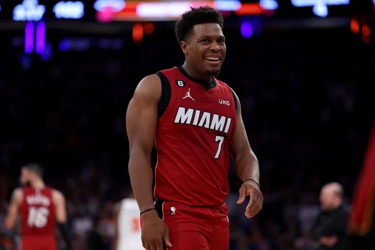 Former Miami guard Kyle Lowry reacts in the fourth quarter against the New York Knicks in Game One of the Eastern Conference Semifinals at Madison Square Garden on Apr. 30, 2023.