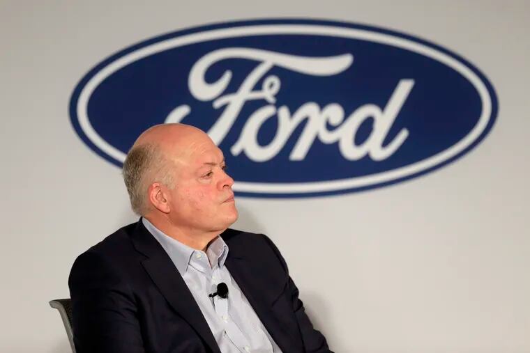 FILE - In this July 12, 2019, file photo Ford CEO Jim Hackett participates in a news conference in New York. Ford Motor Co. reports earning on Wednesday, July 24, 2019. (AP Photo/Seth Wenig, File)