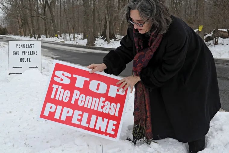 A protester plants an anti-pipeline sign near the site of the proposed PennEast Pipeline in Hunterdon County, N.J.