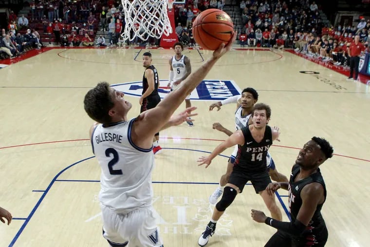Collin Gillespie of Villanova goes up for a reverse layup against Penn during the 2nd half on Dec. 1, 2021 at the Palestra.