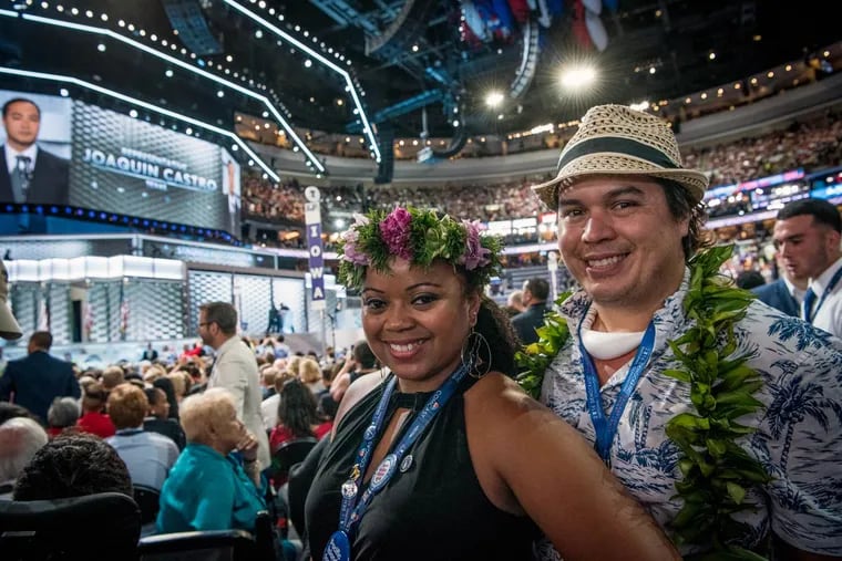 Nola Hix and Angelo Villagomez came from the Northern Mariana Islands as Hillary Clinton delegates. The delegation from their homeland found Philadelphians to be welcoming.
