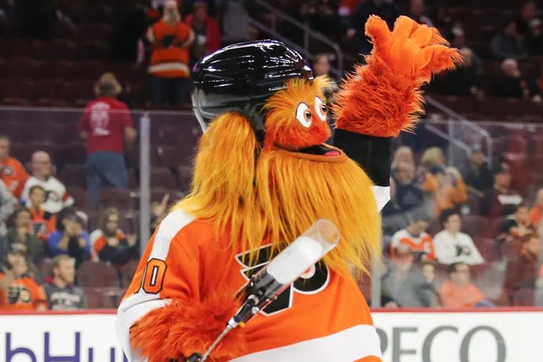 Flyers mascot Gritty on the ice during the first intermission in a preseason game on Monday, September 24, 2018 in Philadelphia. YONG KIM / Staff Photographer