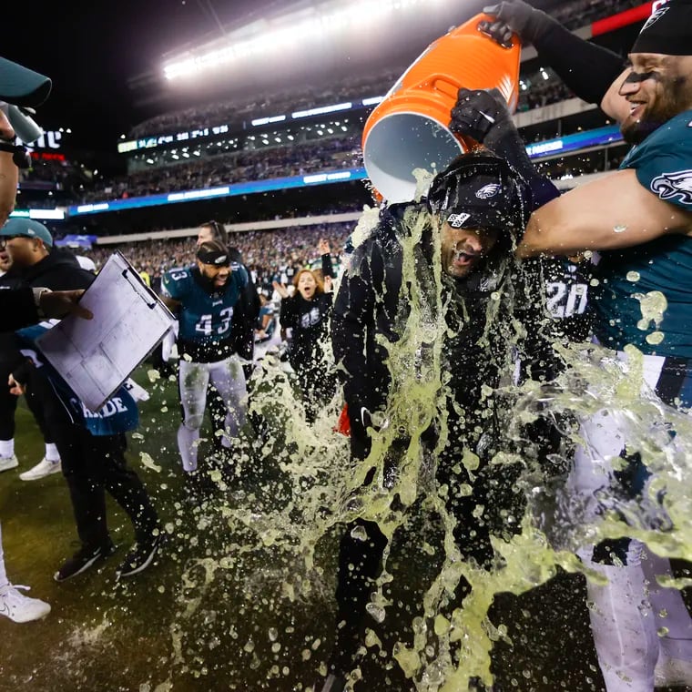 Philadelphia Eagles head coach Nick Sirianni gets the gatorade bath at the end of the NFC Championship game against the San Francisco 49ers at Lincoln Financial Field on Sunday, Jan. 29, 2023, in Philadelphia. Final score
