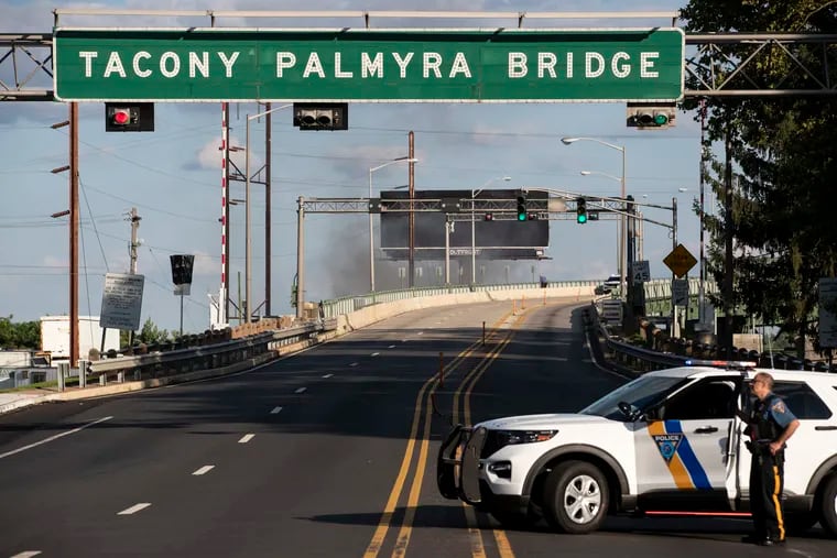 A semi-truck caught fire underneath the Tacony-Palmyra Bridge and shut down traffic in Philadelphia, Pa. on Sunday, July 30, 2023.