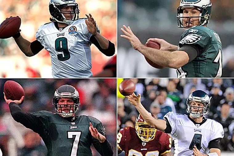 Nick Foles (clockwise from upper left), A.J. Feeley, Kevin Kolb and Bobby Hoying. (Staff photos)