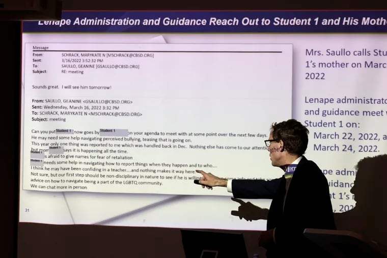 Duane Morris attorney Michael Rinaldi presents his firm's report to the Central Bucks school board during a special meeting on April 20. The district is now accusing the U.S. Department of Education Office for Civil Rights of failing to report bullying allegations involving a district student.