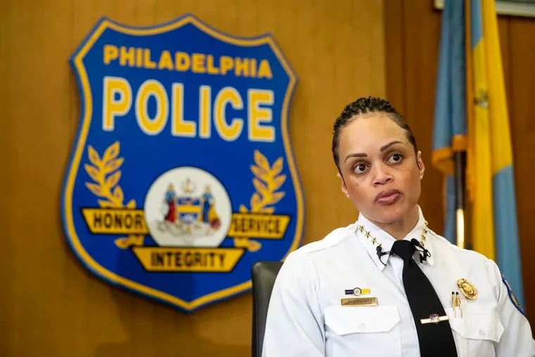 Danielle Outlaw, new Philadelphia Police Commissioner, talks with reporters at the Philadelphia Police Department in February.