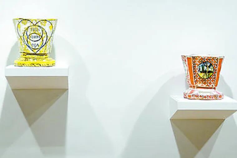Jane Irish&#0039;s vases, including &quot;Cao Dao Vase&quot; (left) and &quot;Pacquet Connolly Vase&quot; in low fire whiteware, china paint, lustre, and underglaze, are at Locks Gallery through Feb. 21.