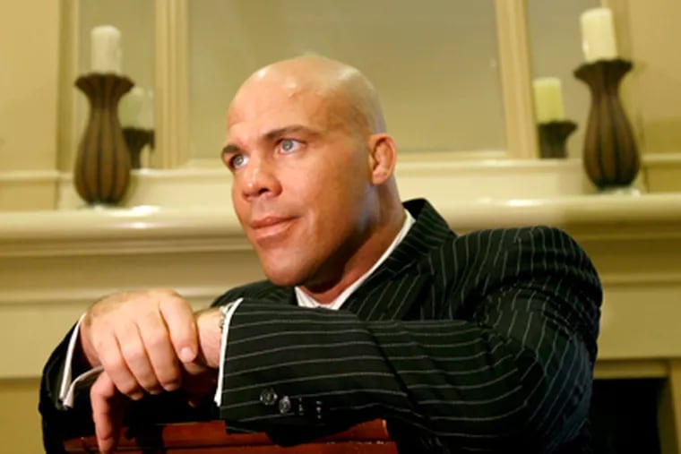 Pro wrestler Kurt Angle, a Pittsburgh native who now grapples on the Total Nonstop Action circuit, talks candidly about the taint of steroids. (Charles Fox / Staff Photographer)