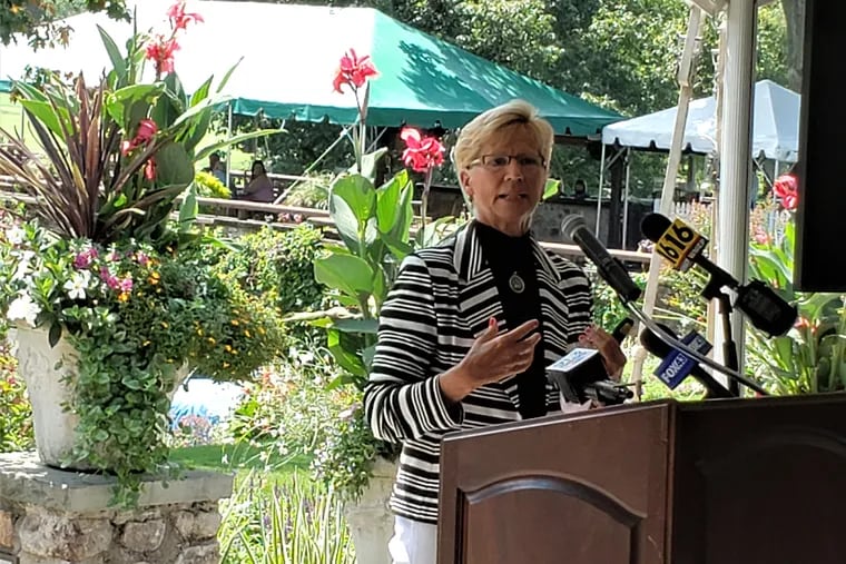 Mimi Griffin, shown speaking last month at an event publicizing the 2022 U.S. Senior Open at Saucon Valley Country Club in Bethlehem, said her marketing company is being respectful during the pandemic in attempting to sell corporate hospitality packages for major golf events. (Photo courtesy Saucon Valley Country Club)