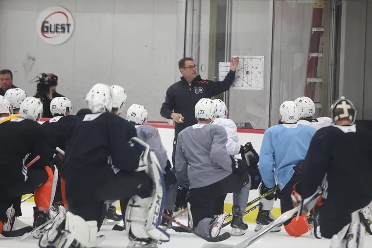 During the Flyers rookie camp in 2019, Scott Gordon gives instructions to his players.