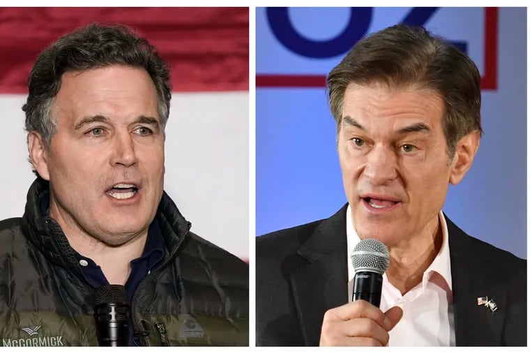 Republican Pennsylvania U.S. Senate candidates Dave McCormick, left, and Mehmet Oz publicly shared a stage for the first time Wednesday, following months of TV ads attacking each other.