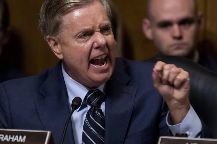 Sen. Lindsey Graham, R-S.C., points as Democrats as he defends Supreme Court nominee Brett Kavanaugh at the Senate Judiciary Committee on Capitol Hill in Washington, Thursday, Sept. 27, 2018. (Tom Williams/Pool Image via AP)